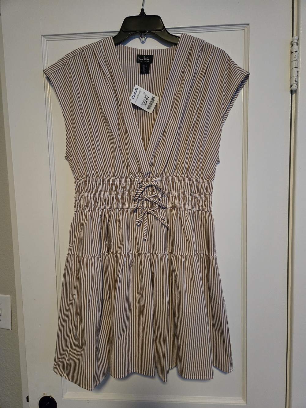 Nicole Miller striped V-neck shirred waist mini dress in Brown And White